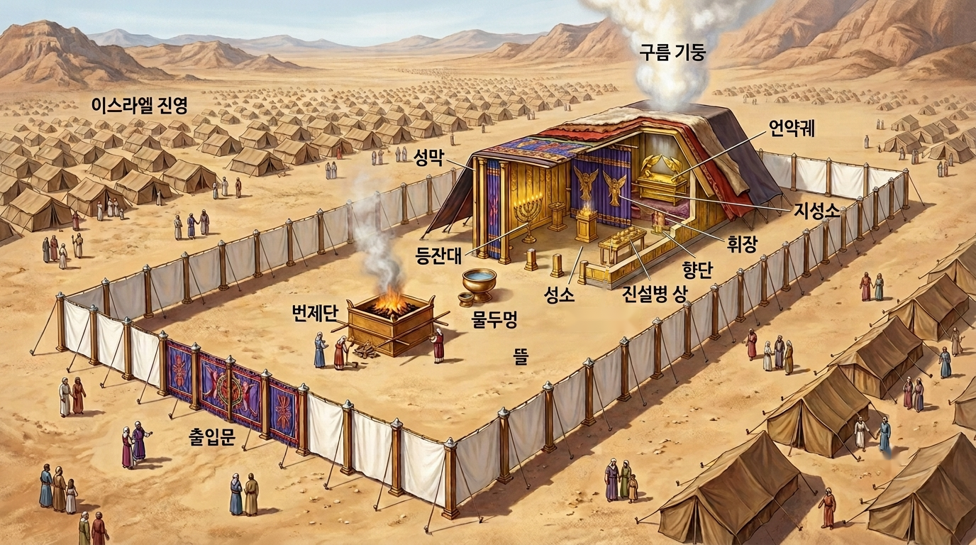 출애굽기 25장 – 성막 전체 구조도 (뜰·번제단·물두멍·성소·등잔대·진설병 상·향단·휘장·지성소·언약궤·구름 기둥)
